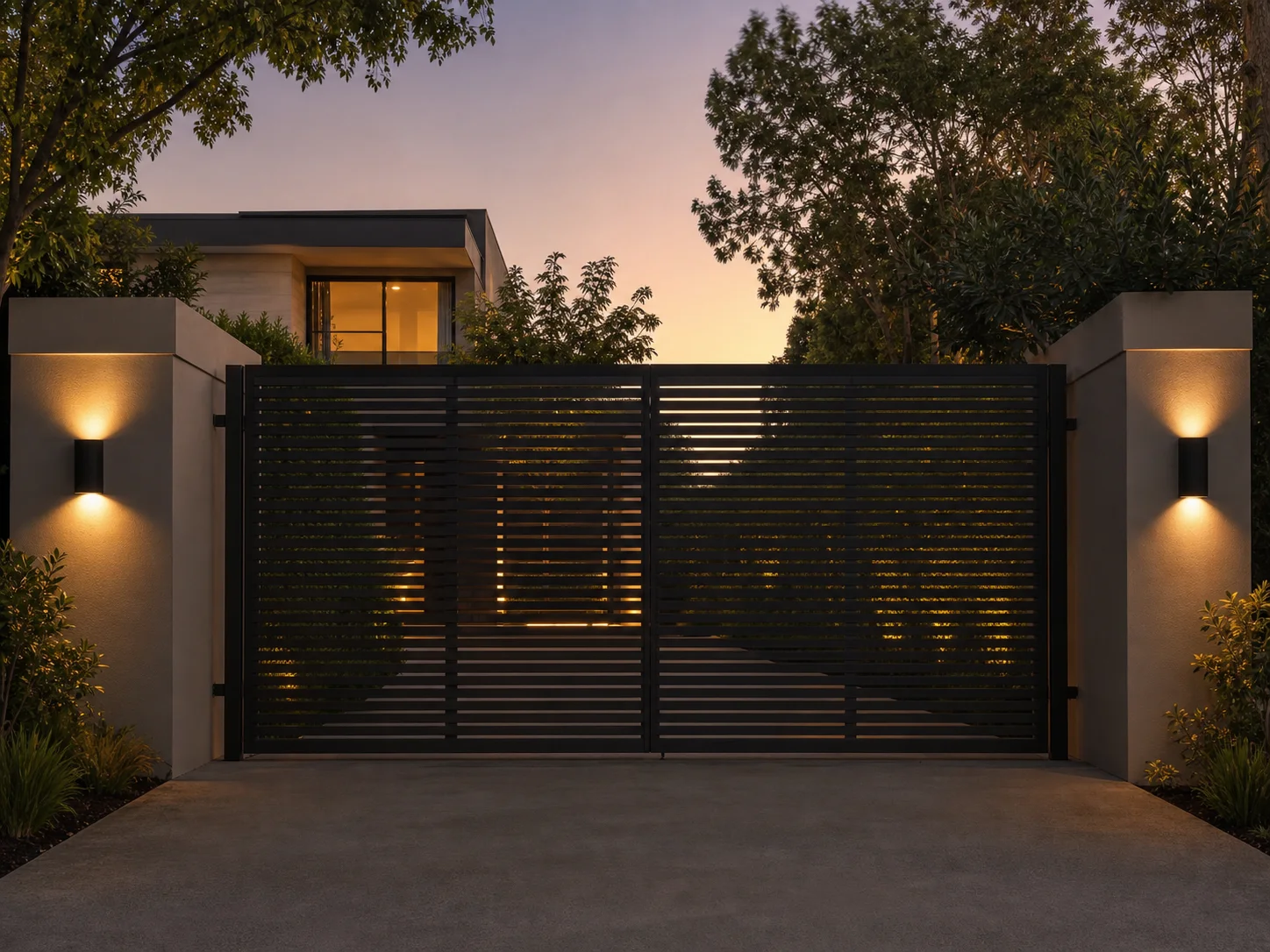Dark powder-coated aluminium driveway gate at a modern home