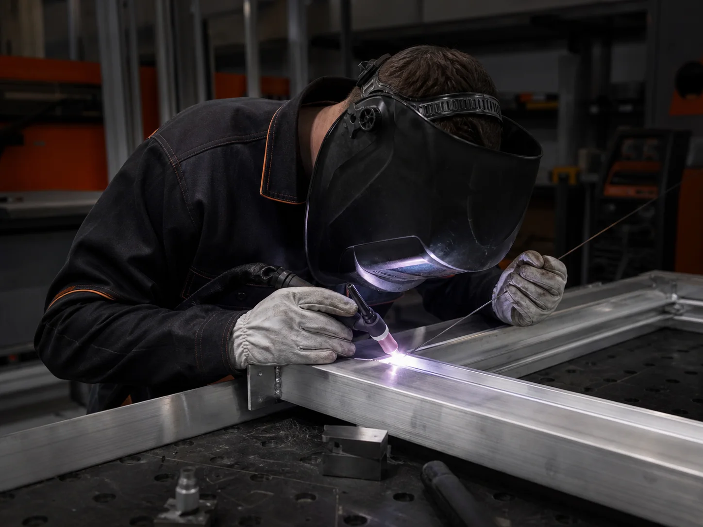 Fabricator TIG welding a custom aluminium frame