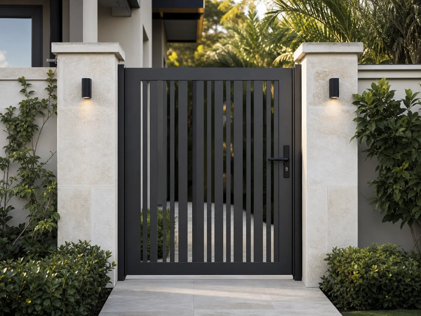 Dark powder-coated aluminium pedestrian gate