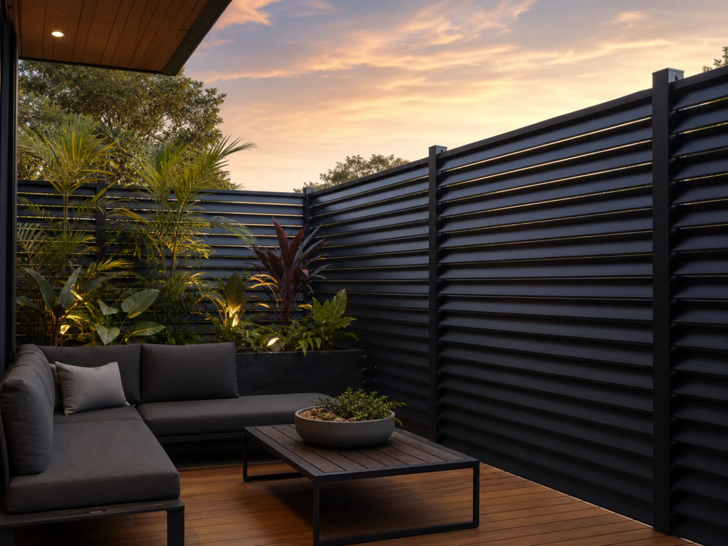 Aluminium privacy screens around a contemporary courtyard